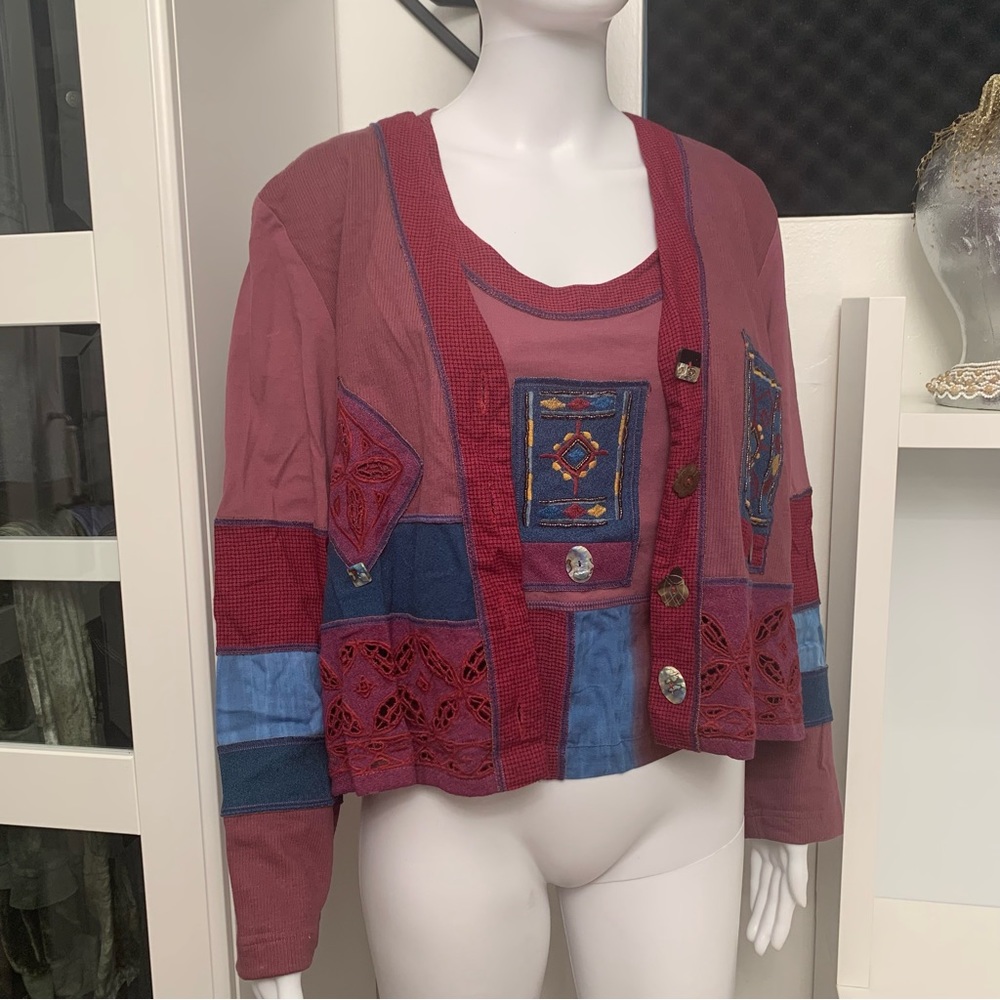 Faith Cardigan Tank Set Womens XS Burgundy Patchwork Boho Embroidered Excellent
